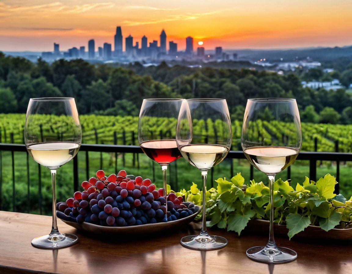 A picturesque blend of lush vineyards and stunning skyline views of Atlanta, featuring elegant wine glasses filled with rich red and crisp white wines in the foreground. Include upscale luxury rental apartments overlooking the vineyards, with soft sunset lighting casting a warm glow. Capture the essence of sophistication and leisure in a vibrant, inviting atmosphere. super-realistic. vibrant colors. wide-angle perspective.