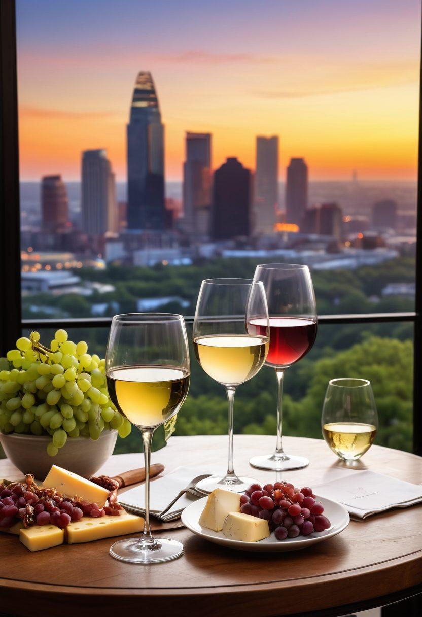 A luxurious wine tasting scene featuring elegant wine glasses filled with deep red and crisp white wines, set against a backdrop of Atlanta's skyline during sunset. Include lush green vineyards and a lavish interior with warm ambient lighting to convey comfort. Sophisticated food pairings like cheese and charcuterie are elegantly displayed. The mood should evoke a sense of indulgence and exploration. super-realistic. vibrant colors. atmospheric.