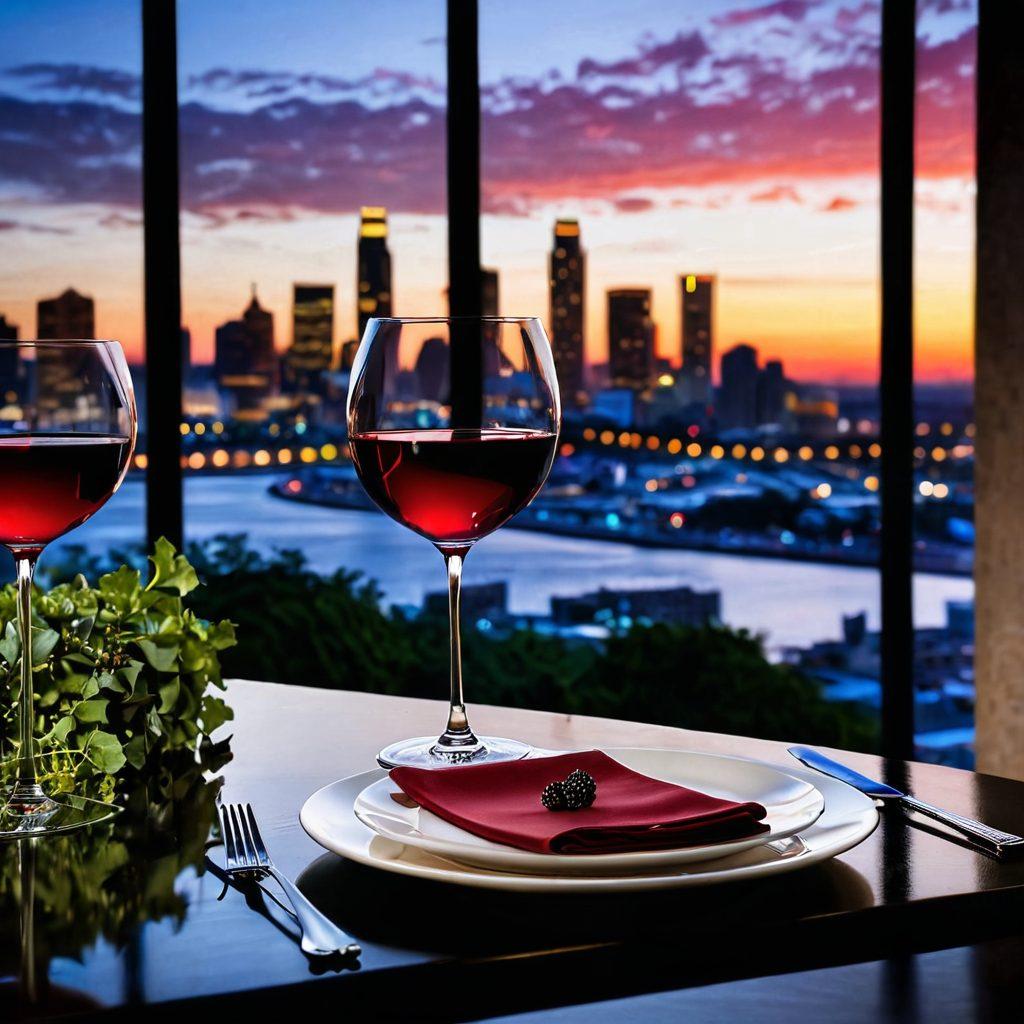 An elegant wine glass filled with rich red wine, set against a backdrop of the Atlanta skyline at sunset. Incorporate touches of lush greenery and sophisticated dining elements like a beautifully set table with fine china and gourmet food. Show hints of cultural motifs that represent Atlanta's vibrant art scene. Infuse the scene with warm, inviting colors to evoke a sense of luxury and refinement. super-realistic. vibrant colors. 3D.